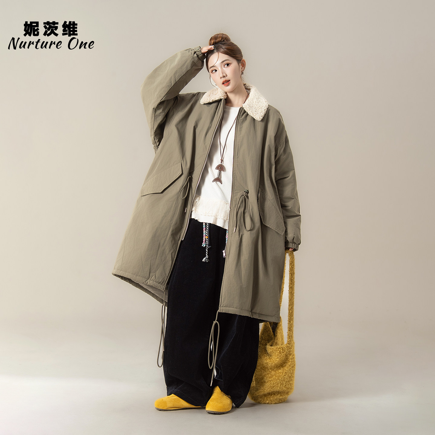 绿色慵懒松弛风抽绳收腰棉服外套女冬季新款加厚羊羔毛领工装棉衣,女装/女士精品,棉衣/棉服,淘宝优惠券,粉丝福利购,淘宝优惠卷