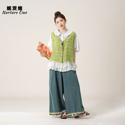 蕾丝拼接马甲衬衫牛仔裤三件套女