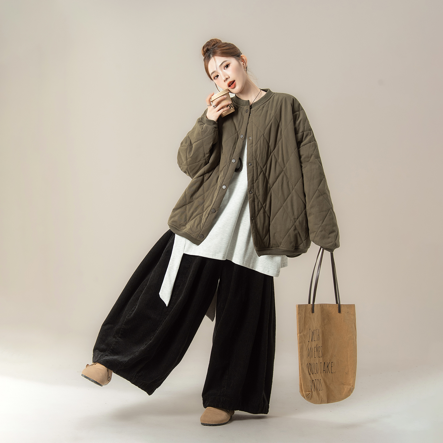 绿色日系复古菱形格棒球棉服外套