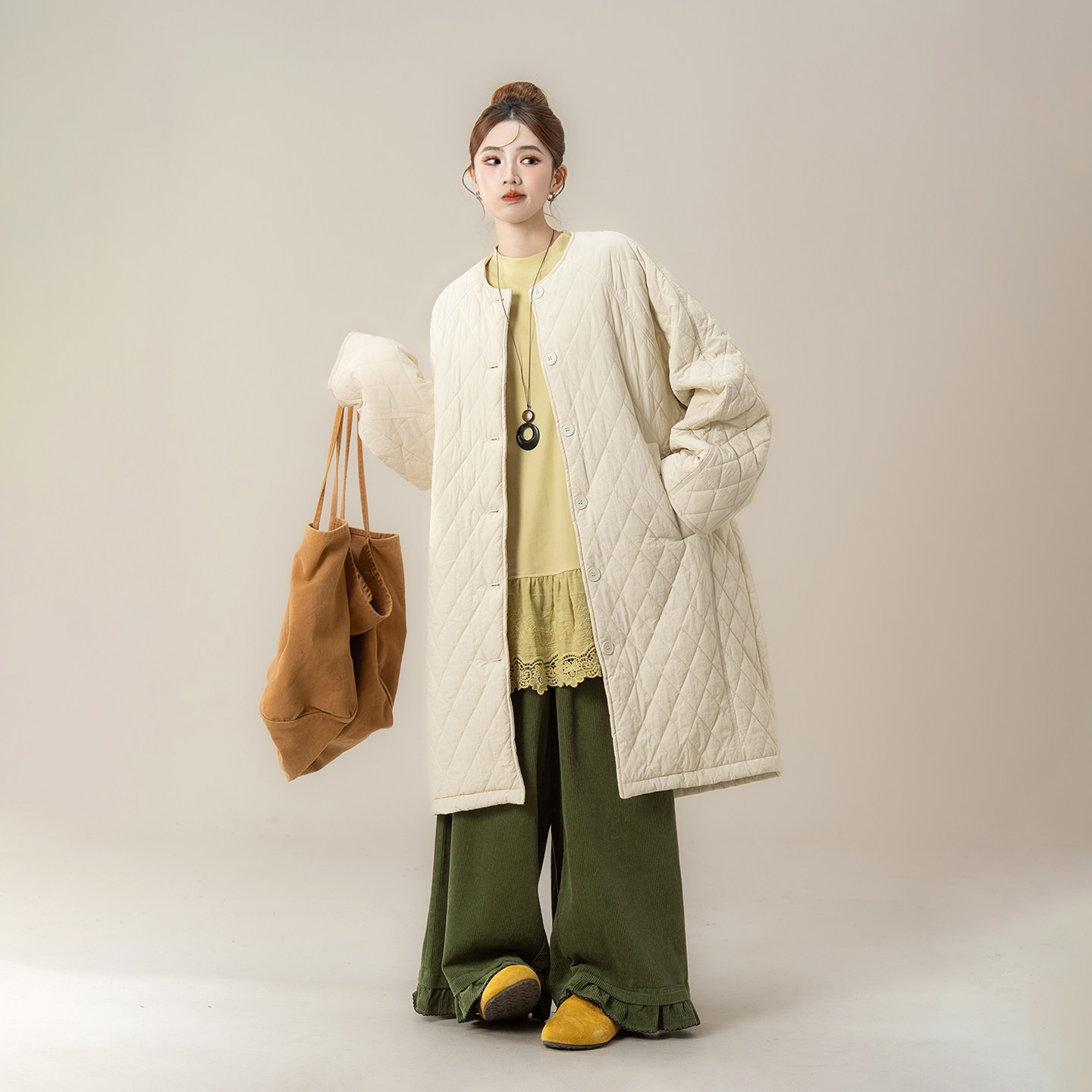 杏色日系菱格宽松慵懒风中长款棉服女冬季新款单排扣加厚保暖外套,女装/女士精品,棉衣/棉服,淘宝优惠券,粉丝福利购,淘宝优惠卷