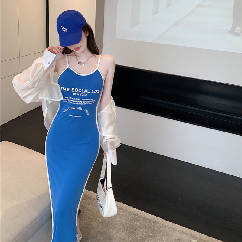 修身吊带连衣裙夏仙气甜美新款长袖防晒短衬衫女时尚套装裙两件套