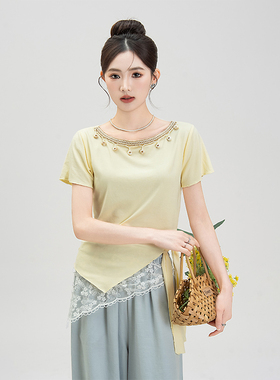妮茨维浅黄色波嬉风不规则短袖T恤女夏季新款修身别致打底衫上衣