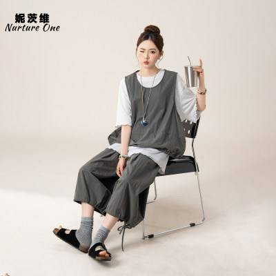 薄款抽绳马甲叠T恤阔腿裤套装女