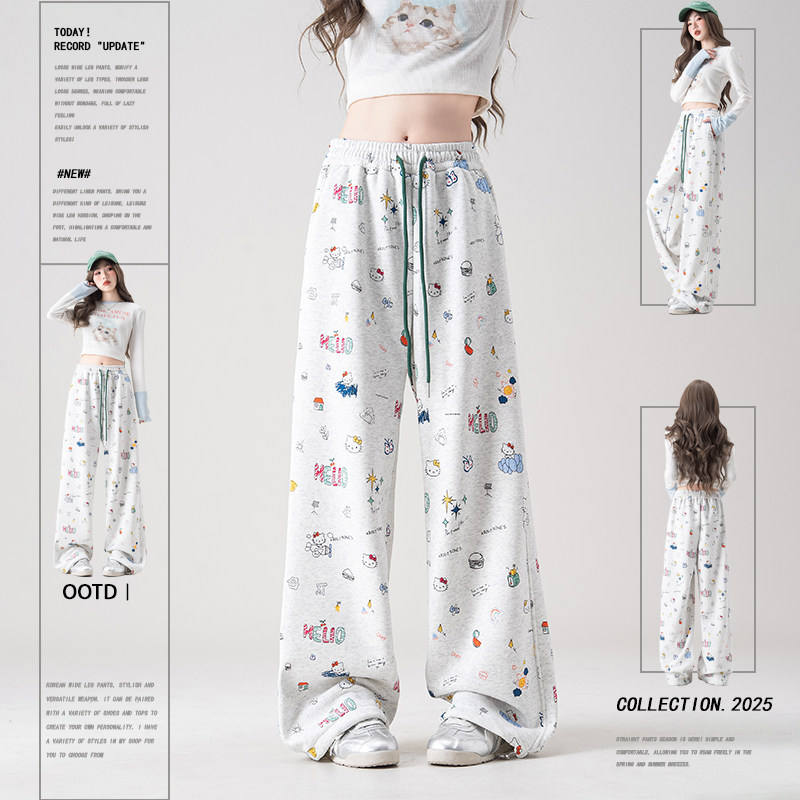Nurtureone白花灰抽绳松紧腰卡通印花加绒卫裤女冬季阔腿束脚卫裤,女装/女士精品,卫裤,淘宝优惠券,粉丝福利购,淘宝优惠卷
