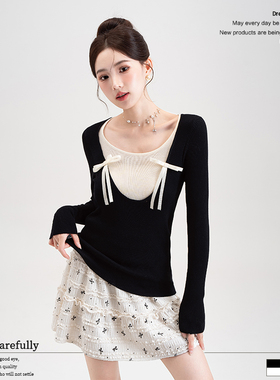 黑色假两件蝴蝶结长袖针织衫上衣女2025秋季新款显瘦甜辣妹打底衫