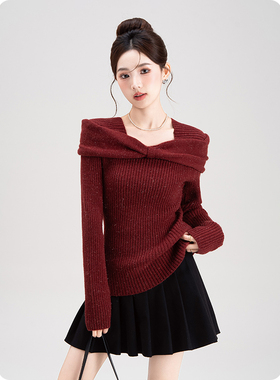 蝴蝶结翻领红色短毛衣女秋冬2025新款修身显瘦细闪长袖内搭打底衫