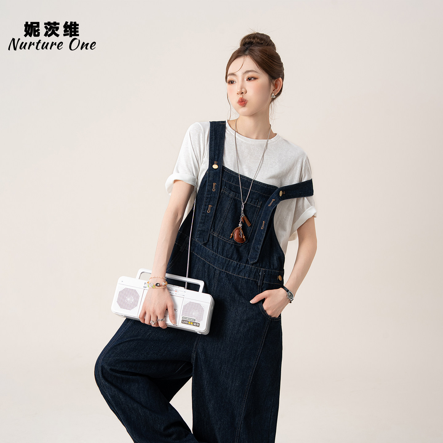妮茨维【丹宁漫忆】美式复古牛仔背带裤女夏季穿搭高腰阔腿连体裤
