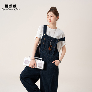 妮茨维【丹宁漫忆】美式复古牛仔背带裤女夏季穿搭高腰阔腿连体裤