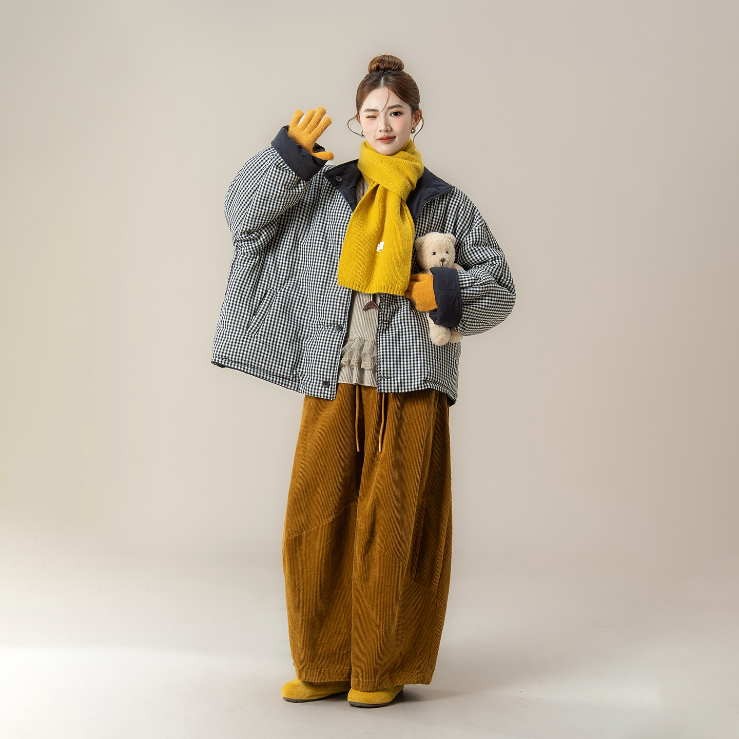 藏青色两面穿格纹拼接棉服外套女