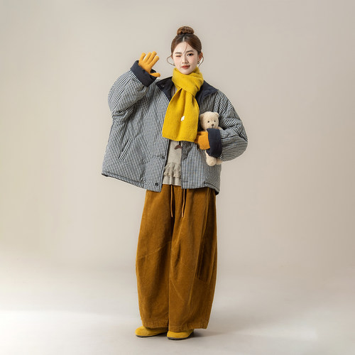 藏青色两面穿格纹拼接棉服外套女