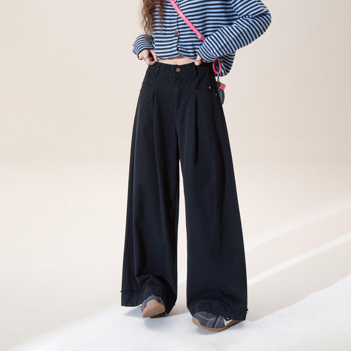 藏青色复古高腰显瘦阔腿花边裤子女春秋款通勤简约宽松直筒休闲裤,女装/女士精品,休闲裤,淘宝优惠券,粉丝福利购,淘宝优惠卷