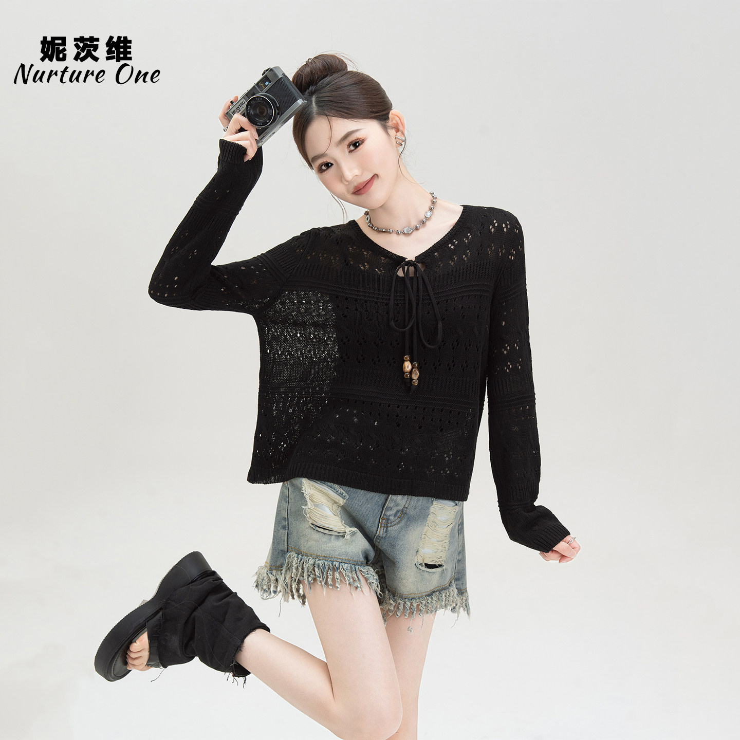 黑色法式钩花镂空长袖针织衫女春季新款圆领系带薄款微透罩衫上衣,女装/女士精品,时尚防晒服,淘宝优惠券,粉丝福利购,淘宝优惠卷