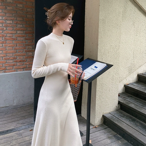 Трикотажное трикотажное платье, приталенное шерстяное платье, осенняя юбка, высокий воротник, 2022