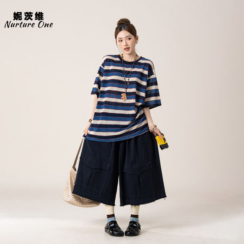 复古条纹短袖T恤叠工装阔腿裤女