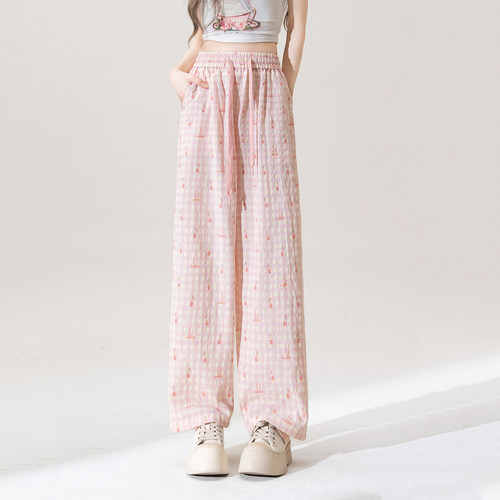 格子蝴蝶结印花薄款休闲裤女