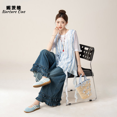 立体蝴蝶背心马甲T恤牛仔裤女