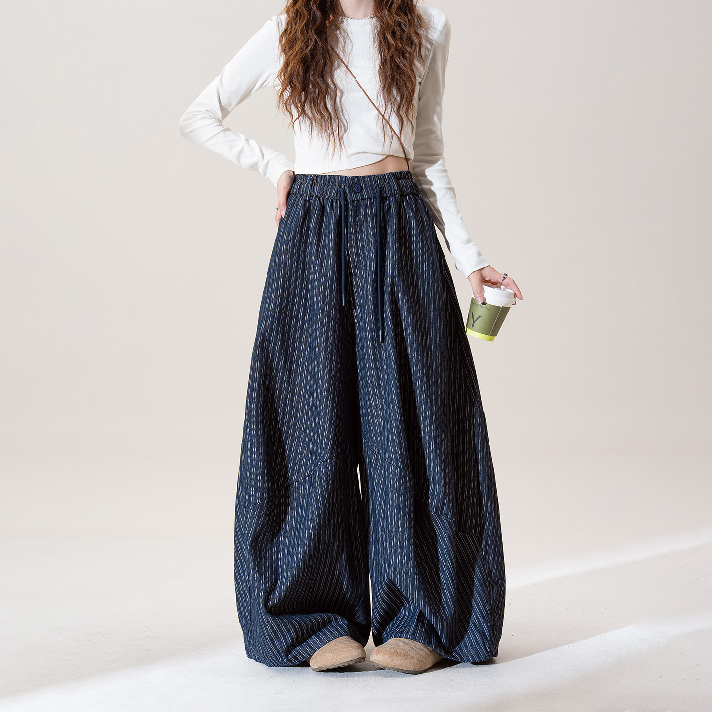深蓝色日系慵懒风宽松阔腿裤女春季新款竖条纹百搭显瘦休闲长裤子,女装/女士精品,休闲裤,淘宝优惠券,粉丝福利购,淘宝优惠卷