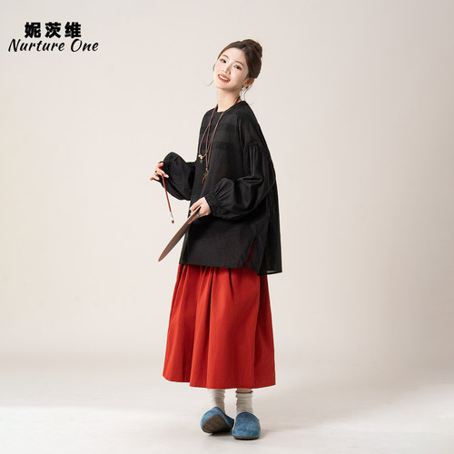 黑色蕾丝拼接灯笼长袖衬衫透上衣