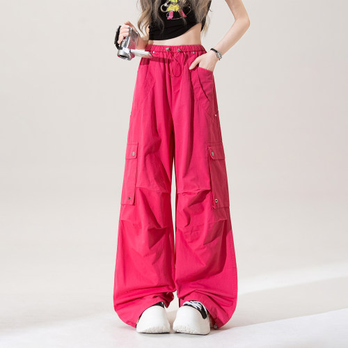 玫红色美式冰丝速干薄款工装裤女