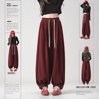 安可拉红色束脚休闲哈伦裤女冬季