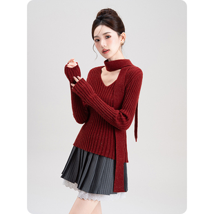 红色亮丝氛围感V领围脖飘带毛衣春秋修身内搭针织打底衫上衣女款