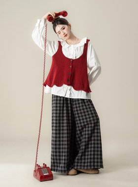 红色甜美温柔风针织马甲背心女秋季新款镂空荷叶花边下摆吊带上衣