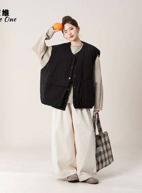 黑色日系复古大口袋夹棉马甲女秋冬新款叠穿卷边毛衣阔腿裤子套装