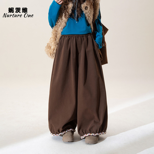 可可棕日系复古加绒阔腿休闲裤女冬季新款高腰宽松显瘦花苞灯笼裤