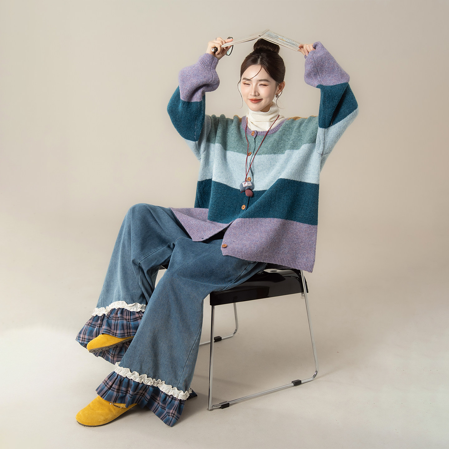 日系复古撞色条纹针织开衫毛衣外套女冬季新款花边牛仔阔腿裤套装,女装/女士精品,时尚套装,淘宝优惠券,粉丝福利购,淘宝优惠卷