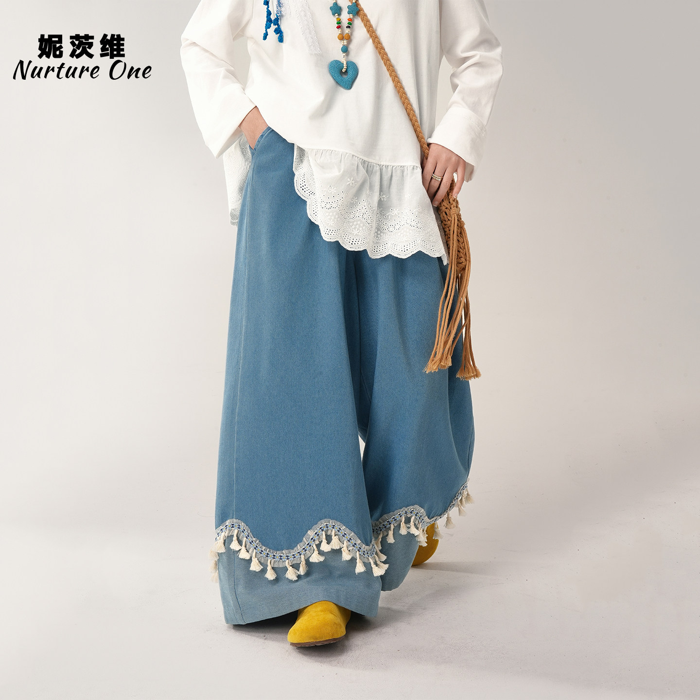 妮茨维【牛仔流苏】浅蓝色花边牛仔阔腿裤子女穿搭上衣宽松休闲裤