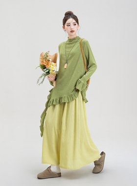 绿色不规则荷叶边开叉半高领内搭T恤女早春新款a字半身裙森系套装