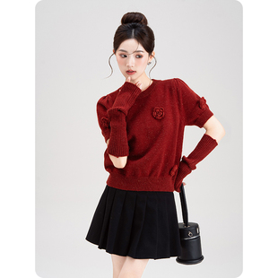 安可拉红毛衣立体玫瑰花朵针织衫女春秋2026新款可拆袖打底衫上衣