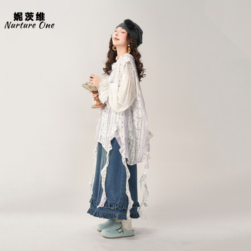 妮茨维【小众吸睛】紫色不规则飘带蕾丝罩衫女春季中长款无袖上衣