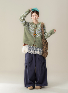 绿色费尔岛提花圆领针织开衫毛衣女秋季新款宽松慵懒百搭显瘦外套