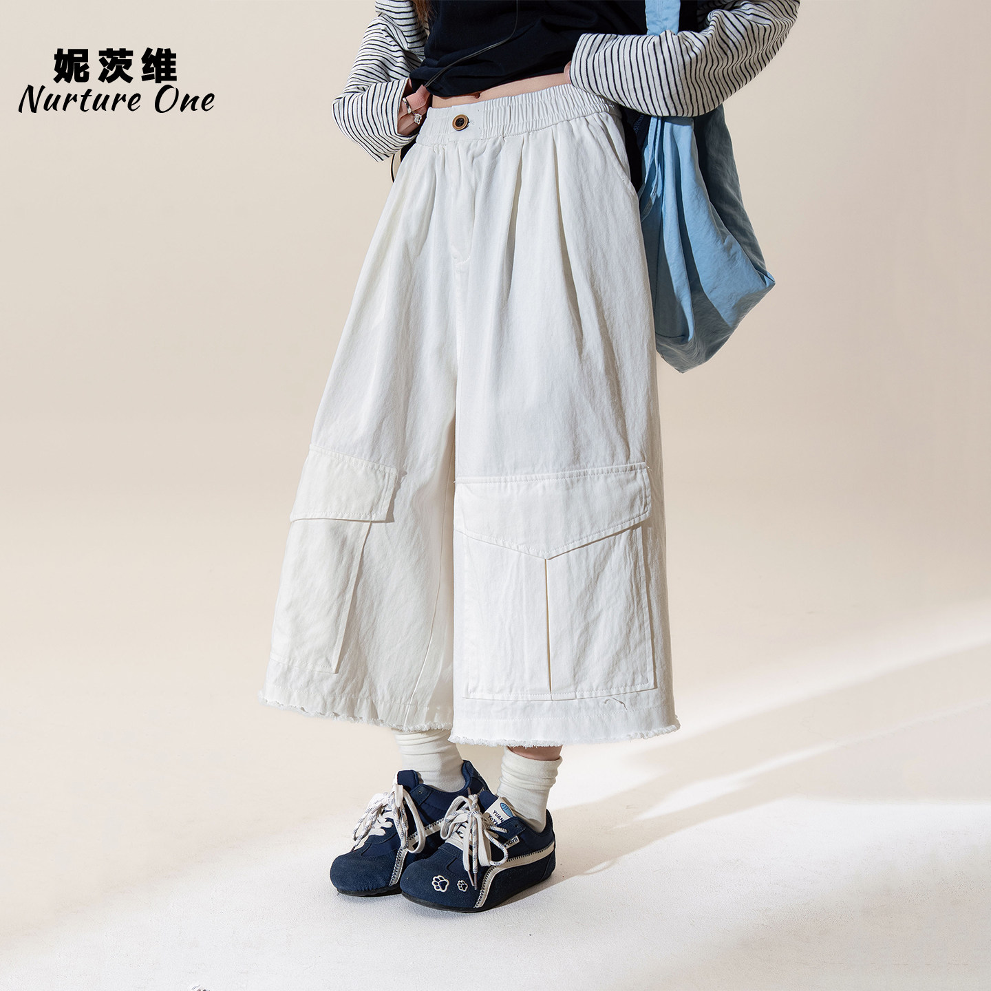 妮茨维【口袋设计】白色工装阔腿七分裤子女穿搭上衣休闲长款短裤