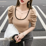 Летняя ретро футболка, короткий рукав, французский стиль, рукава фонарики, с рукавом