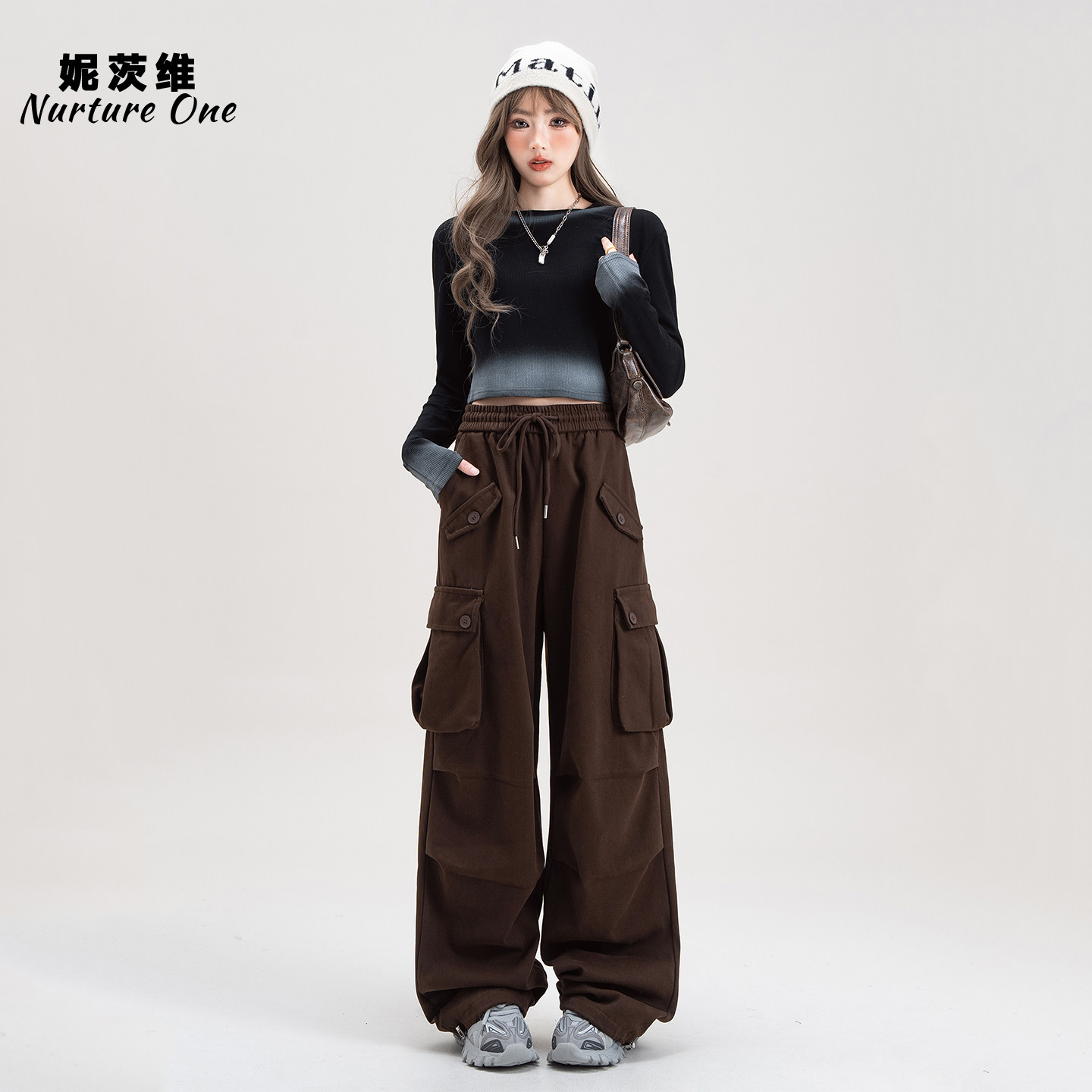 妮茨维【松垮廓形】咖色复古工装裤女早秋新款加绒高腰阔腿休闲裤