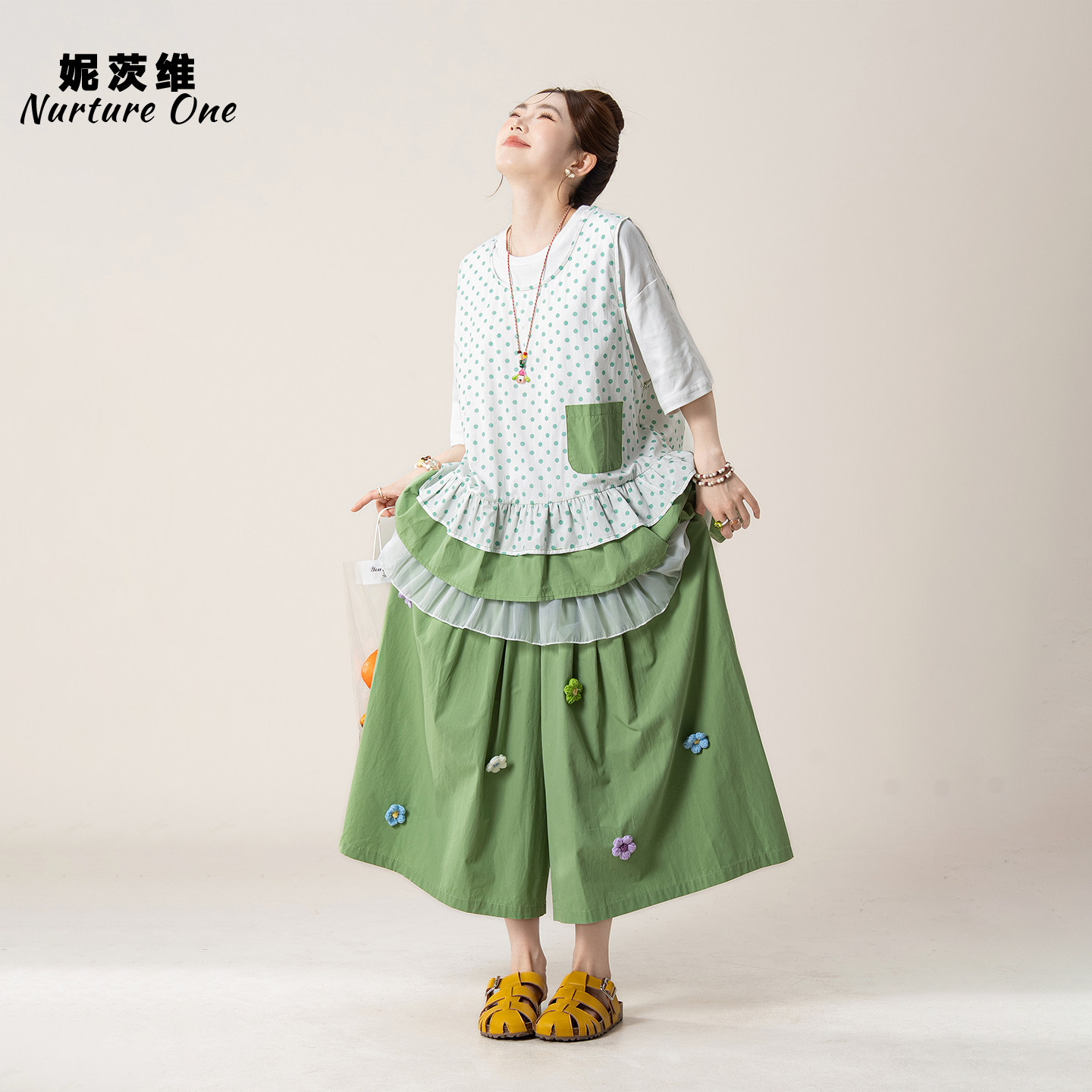 波点马甲罩衫T恤七分阔腿裤子女