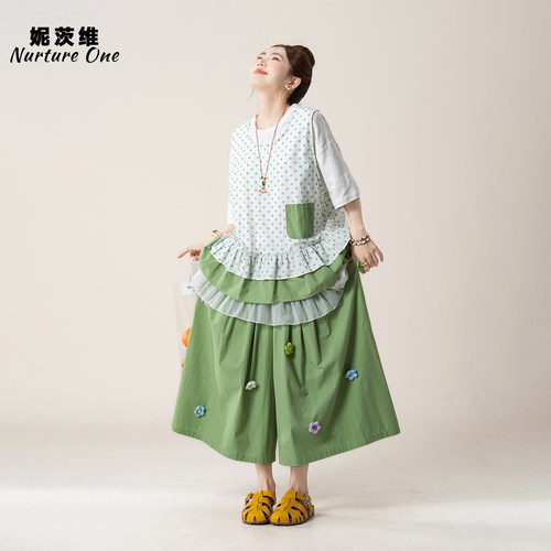 波点马甲罩衫T恤七分阔腿裤子女