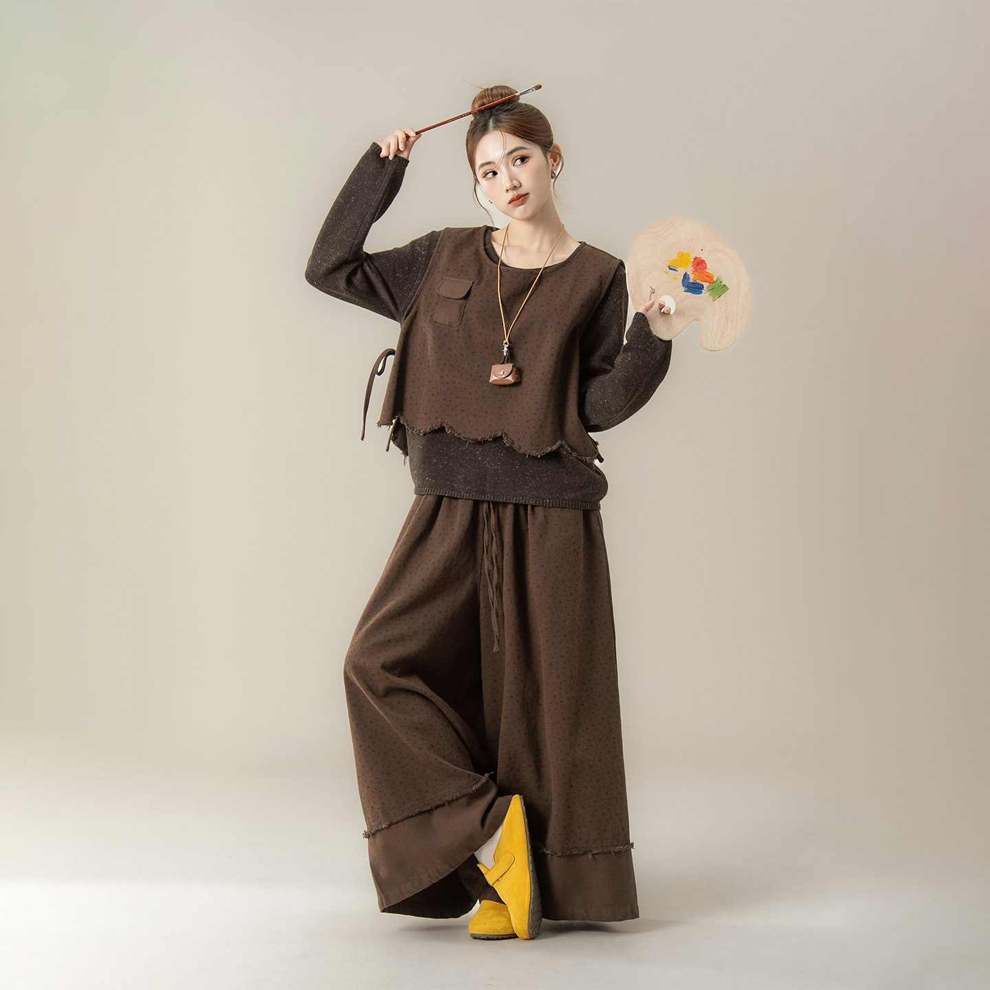 深咖色不规则碎花马甲背心女春秋新款叠穿内搭上衣阔腿休闲裤套装,女装/女士精品,时尚套装,淘宝优惠券,粉丝福利购,淘宝优惠卷