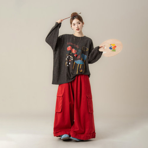 黑色日系复古卡通印花长袖T恤女
