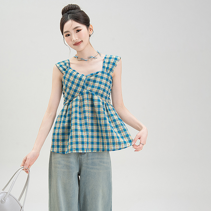 法式蓝色格子吊带背心女夏季2025新款小个子外穿露背无袖扭结上衣