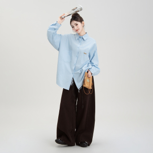新款 外套女秋季 双口袋显瘦休闲衬衣上衣 衬衫 浅蓝色宽松慵懒风长袖