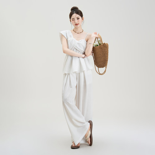白色不规则扭结吊带背心阔腿裤女