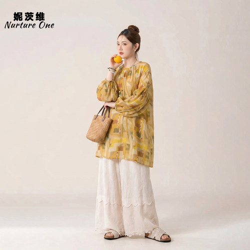 宽松复古拼接苎麻衬衫微透上衣女