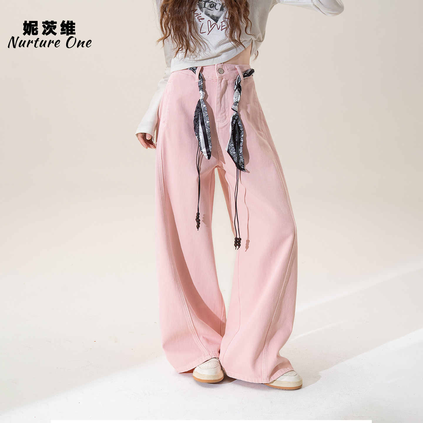 粉色高腰窄款弯刀牛仔裤女春季新款宽松显瘦直筒阔腿镰刀休闲裤子,女装/女士精品,休闲裤,淘宝优惠券,粉丝福利购,淘宝优惠卷