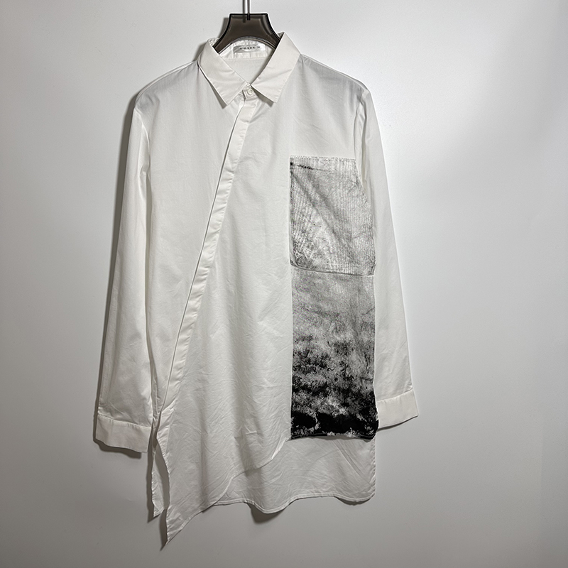 圣迪男式棉质斜门襟长款长袖衬衫