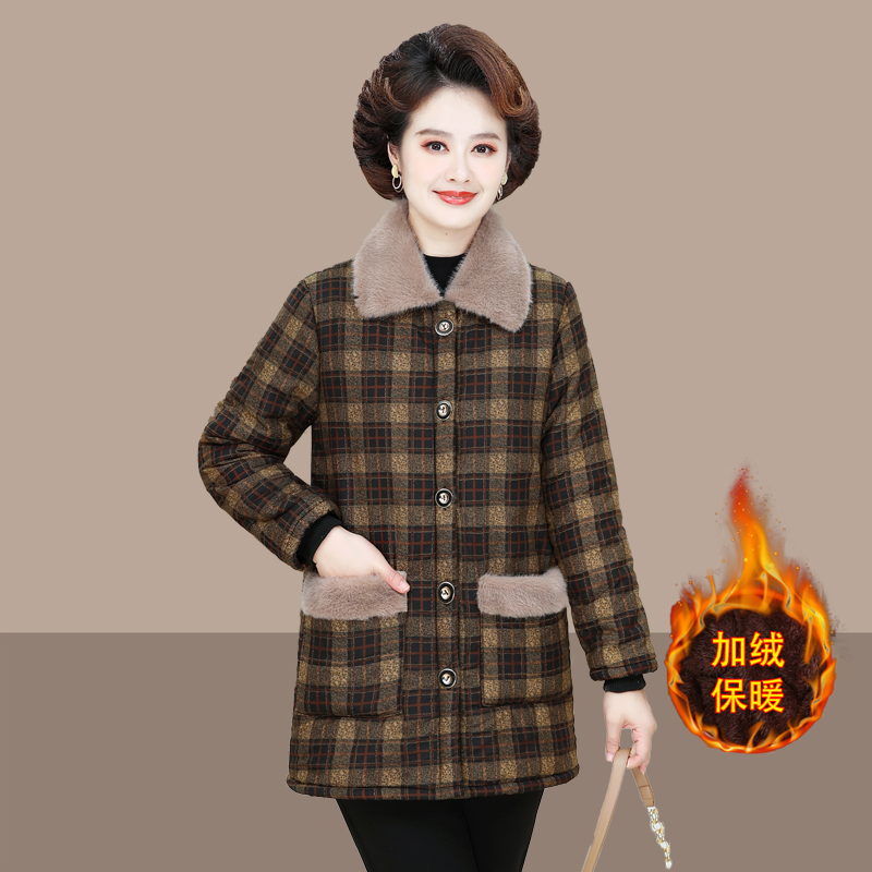 中年妈妈秋冬格子棉衣外套中老年女装加绒加厚翻领毛呢上衣中长款
