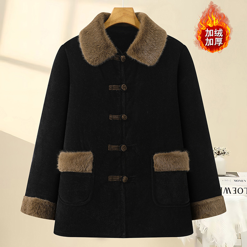 中老年女装毛领盘扣毛呢外套冬季妈妈装保暖洋气加绒加厚棉衣棉服