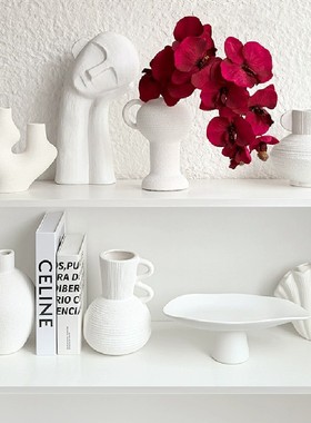 奶油风手工粗陶花瓶摆件